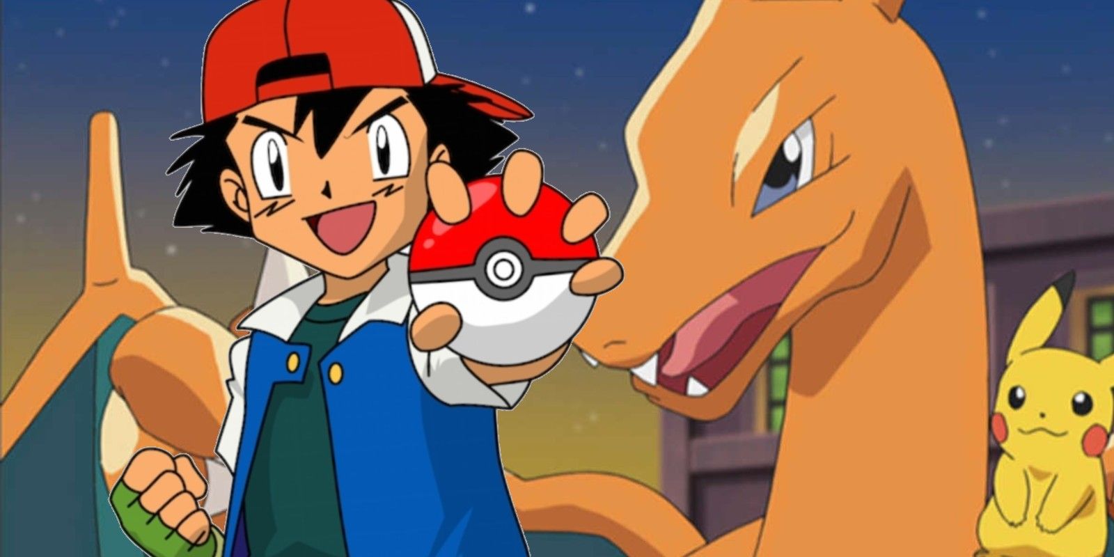 Charizard sonriendo junto con sus amigos: Ash Ketchup y Pikachu