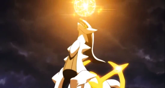 Arceus haciendo uso de habilidad sentencia para atacar a humanos y pokemons